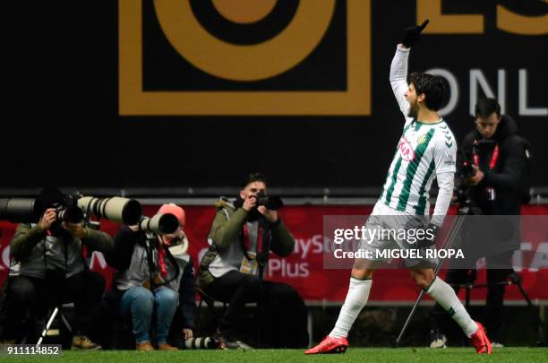 Vitoria FC's Portuguese forward Goncalo Paciencia celebrates after scoring a goal during the Portuguese Cup final match between Vitoria FC and...