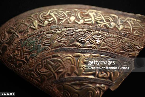 Section from the cheek plate of a helmet is displayed as part of the The Staffordshire Hoard, the UK's largest collection of Anglo Saxon treasure...