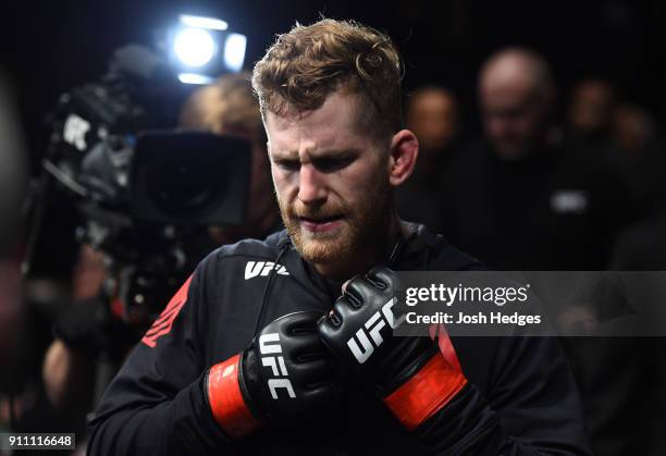 Austin Arnett prepares to enter the Octagon before facing Cory Sandhagen in their featherweight bout during a UFC Fight Night event at Spectrum...