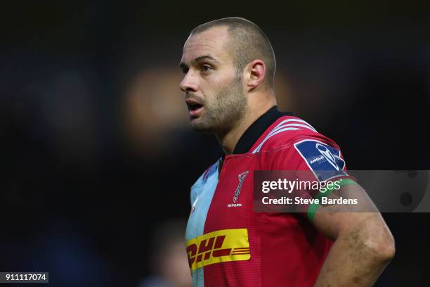 Ross Chisholm of Harlequins during the Anglo-Welsh Cup match between Harlequins and Scarlets at Twickenham Stoop on January 27, 2018 in London,...
