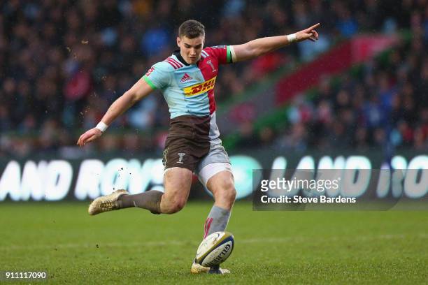 James Lang of Harlequins kicks a conversion during the Anglo-Welsh Cup match between Harlequins and Scarlets at Twickenham Stoop on January 27, 2018...