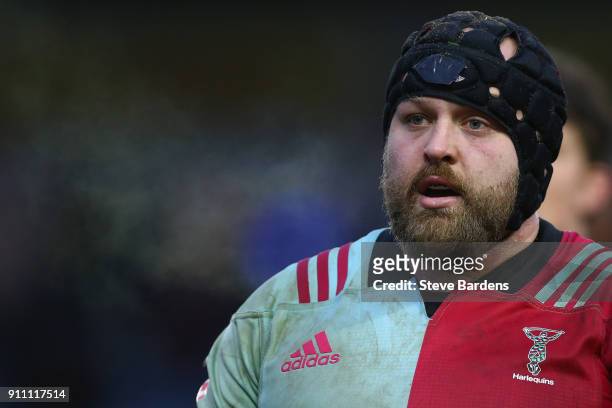 Mark Lambert of Harlequins during the Anglo-Welsh Cup match between Harlequins and Scarlets at Twickenham Stoop on January 27, 2018 in London,...