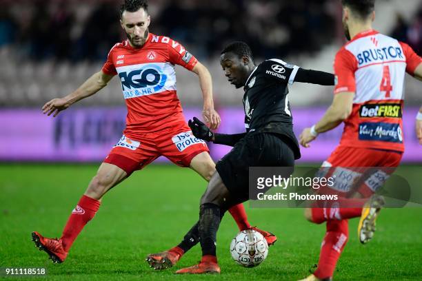 Eric Ocansey forward of Eupen is challenged by Idir Ouali forward of KV Kortrijk during the Jupiler Pro League match between KV Kortrijk and KAS...