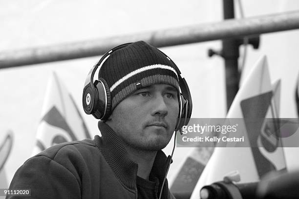 Fred Patacchia listens to music while preparing for his Round 2 heat of the Quiksilver Pro on September 24, 2009 in Hossegor, France.
