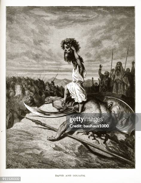 david and goliath biblical engraving - david stock illustrations