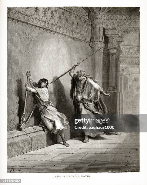 king saul attacking david biblical engraving - wrong tool stock illustrations