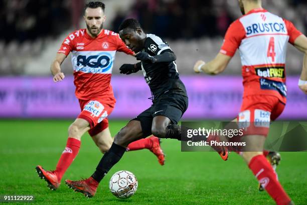 Eric Ocansey forward of Eupen is challenged by Idir Ouali forward of KV Kortrijk during the Jupiler Pro League match between KV Kortrijk and KAS...