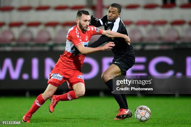 Idir Ouali forward of KV Kortrijk is fighting for the ball with Jordan Loties defender of Eupen during the Jupiler Pro League match between KV...