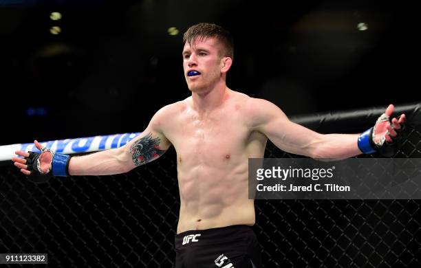 Cory Sandhagen reacts after defeating Austin Arnett in their welterweight bout during the UFC Fight Night event inside the Spectrum Center on January...