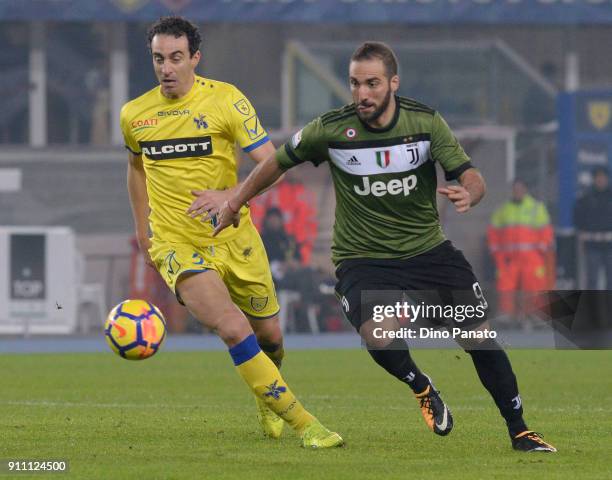 Gonzalo Higuain of Juventus competes with Dario Dainelli of Chievo Verona during the serie A match between AC Chievo Verona and Juventus at Stadio...