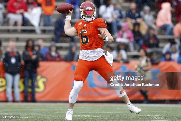 Baker Mayfield of the North team throws the ball during the first half of the Reese's Senior Bowl against the the South team at Ladd-Peebles Stadium...