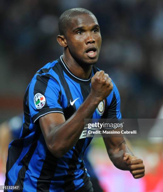 Samuel Eto'o Fils of FC Inter Milan celebrates scoring his team's first goal during the Serie A match between FC Inter Milan and SSC Napoli at Stadio...