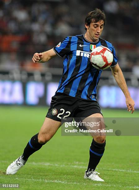 Diego Alberto Milito of FC Inter Milan in action during the Serie A match between FC Inter Milan and SSC Napoli at Stadio Giuseppe Meazza on...