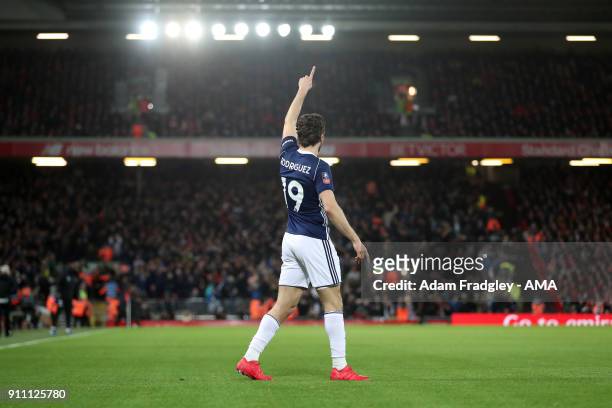 Jay Rodriguez of West Bromwich Albion celebrates after scoring a goal to make it 1-1 during the The Emirates FA Cup Fourth Round match between...