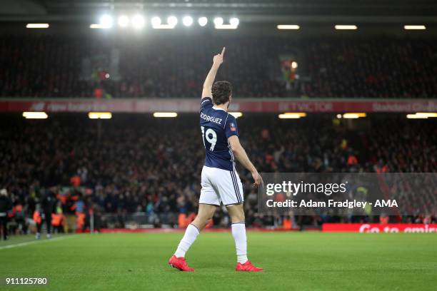 Jay Rodriguez of West Bromwich Albion celebrates after scoring a goal to make it 1-1 during the The Emirates FA Cup Fourth Round match between...