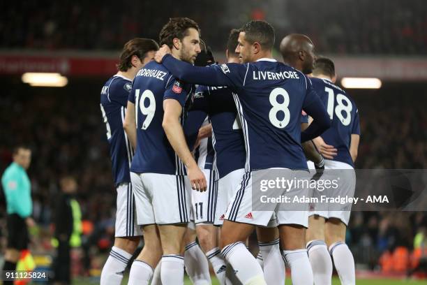 Jay Rodriguez of West Bromwich Albion celebrates after scoring a goal to make it 1-1 with Jake Livermore of West Bromwich Albion during the The...