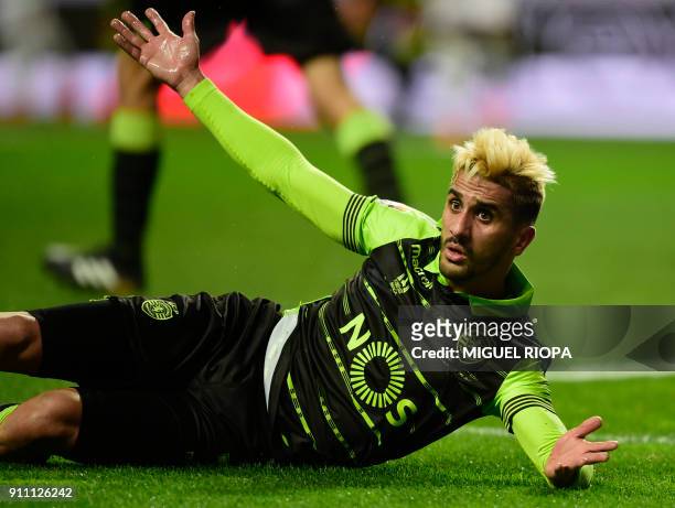 Sporting's Portuguese forward Ruben Ribeiro reacts during the Portuguese Cup final football match between Vitoria FC and Sporting CP at the Municipal...