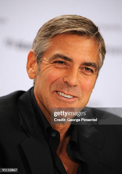 Actor George Clooney speaks onstage at the "Men Who Stare At Goats" press conference held at the Sutton Place Hotel on September 11, 2009 in Toronto,...