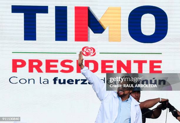 Leader Luciano Marin Arango, aka "Ivan Marquez" greets supporters during the launch of the political campaign for president of his comrade Rodrigo...