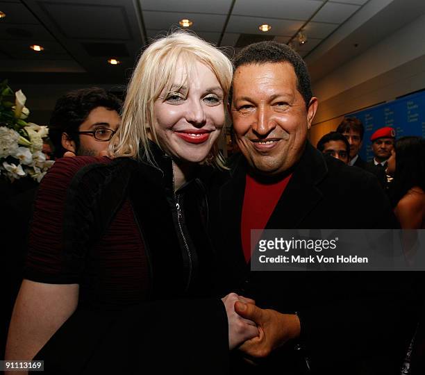 Courtney Love and President of Venezuela, Hugo Chavez attend the after party for the "South of the Border" premiere at the Walter Reade Theater on...