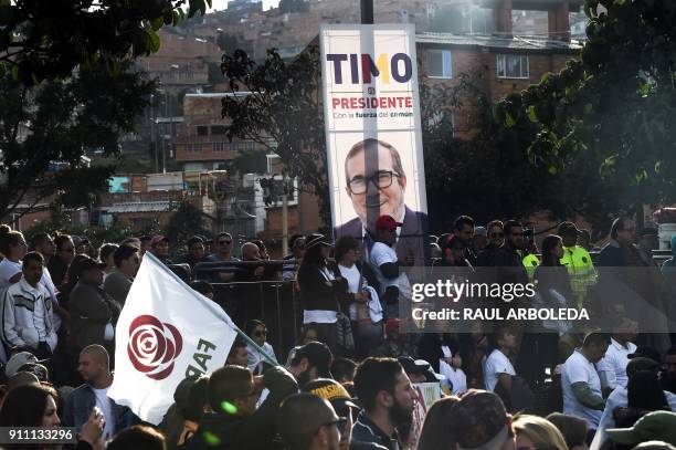 People take part in the launch of the political campaign for president of FARC leader Rodrigo Londono Echeverri, known as "Timochenko", in Ciudad...