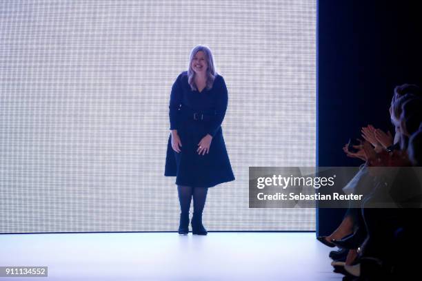 Marianna Deri-Hanasab acknowledges the applaus of the audience after the Marianna Deri show at the 'The NRW Design Issue' show during Platform...