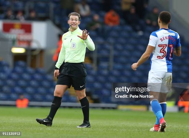 Referee Anthony Backhouse waves away the protest of Elliott Bennett of Blackburn Rovers during the Sky Bet League One match between Blackburn Rovers...