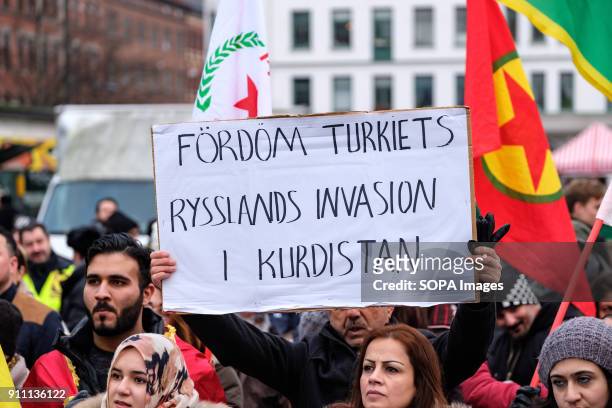 Placard being displayed during the demonstration. More than thousand people demonstrated in solidarity with the city of Afrin and the kurdish...