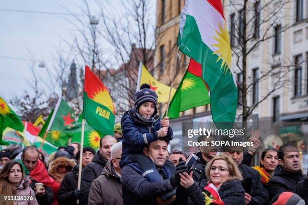 Child seen during the demonstration. More than thousand people demonstrated in solidarity with the city of Afrin and the kurdish fighters in Syria....