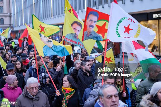 Flags being displayed during the demonstration. More than thousand people demonstrated in solidarity with the city of Afrin and the kurdish fighters...