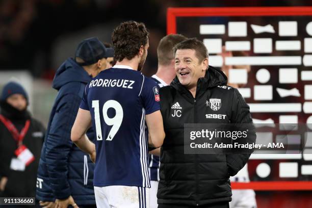 John Carver first team coach of West Bromwich Albion with Jay Rodriguez as they celebrate the 2-3 win over Liverpool during the The Emirates FA Cup...