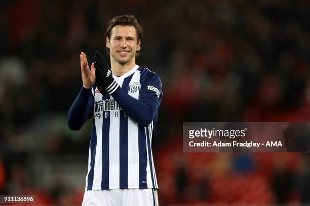 Grzegorz Krychowiak of West Bromwich Albion applauds the travelling West Bromwich Albion Fans at the final whistle celebrating the 2-3 win over...