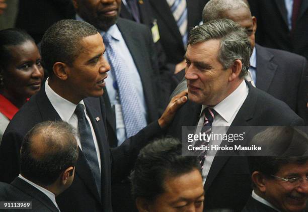President Barack Obama greets British Prime Minister Gordon Brown before a UN Security Council meeting at the United Nations headquarters September...