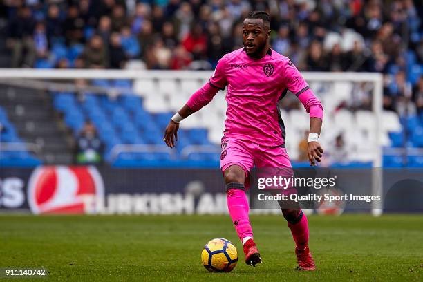 Cheick Doukoure of UD Levante in action during the La Liga match between Deportivo La Coruna and Levante at Abanca Riazor Stadium on January 27, 2018...