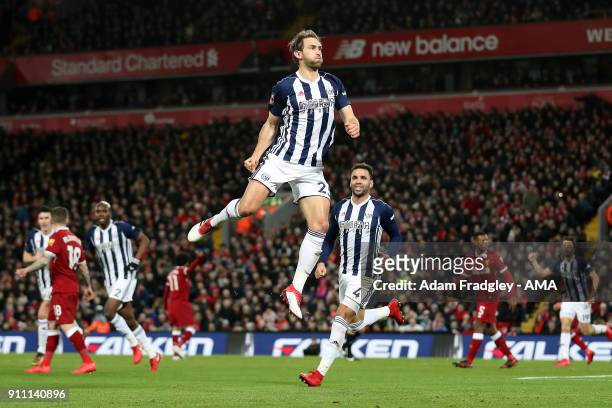 Craig Dawson of West Bromwich Albion celebrates after scoring but his headed goal is ruled out but VAR / Video Assistant Referee fduring the The...