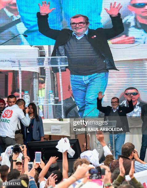 Rodrigo Londono Echeverri , known as "Timochenko", the presidential candidate for the Common Alternative Revolutionary Force political party, greets...