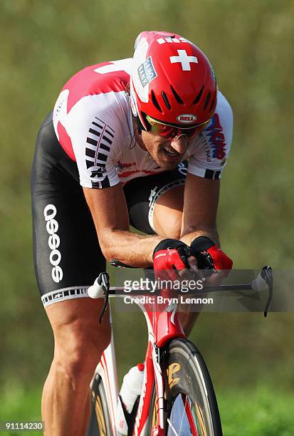 Fabian Cancellara of Switzerland in action on his way to winning the Elite Men's Time Trial at the 2009 UCI Road World Championships on September 24,...