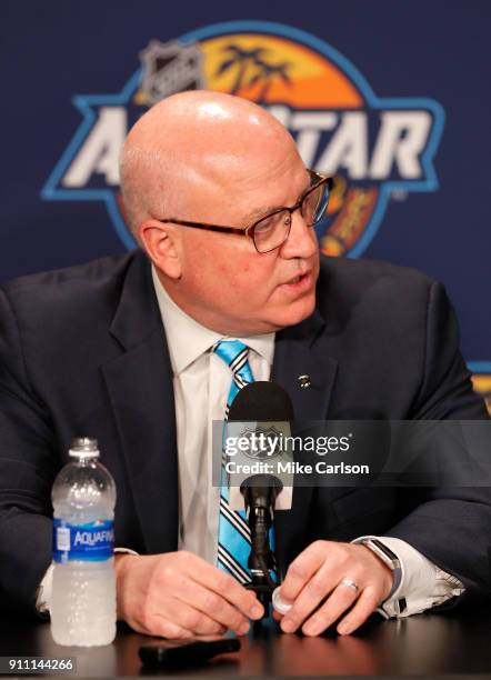 Bill Daly NHL Deputy Commisioner speaks during media availability prior to 2018 Geico NHL All-Star Skills Competition at Amalie Arena on January 27,...