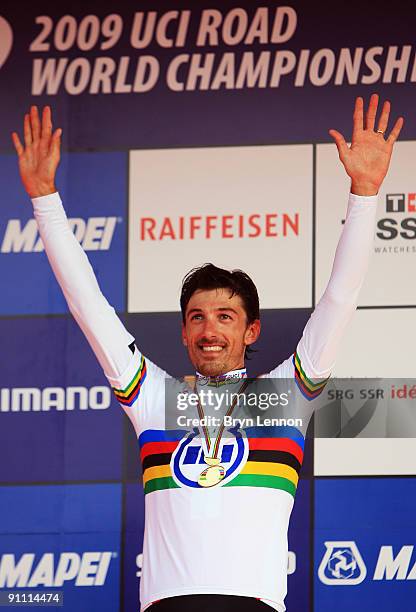 Fabian Cancellara of Switzerland stands on the podium with his gold medal after winning the Elite Men's Time Trial at the 2009 UCI Road World...