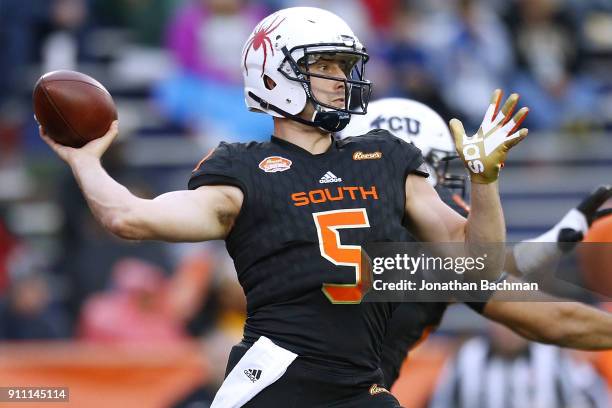 Kyle Lauletta of the South team throws the ball during the second half of the Reese's Senior Bowl against the the North team at Ladd-Peebles Stadium...