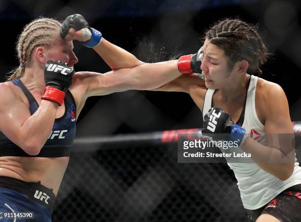 Justine Kish of Russia and Ji Yeon Kim of South Korea compete during UFC Fight Night at Spectrum Center on January 27, 2018 in Charlotte, North...