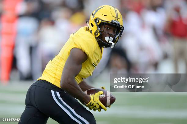 Darnell Savage Jr. #4 of the Maryland Terrapins returns an interception against the Indiana Hoosiers on October 28, 2017 in College Park, Maryland.