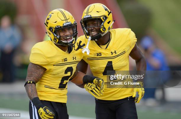 Darnell Savage Jr. #4 of the Maryland Terrapins celebrates with Lorenzo Harrison III during the game against the Indiana Hoosiers on October 28, 2017...