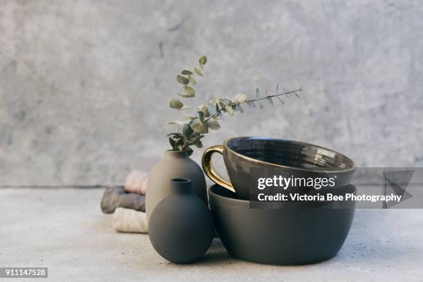 set of grey crockery in home living room. nordic decor - kitchenware shop stock pictures, royalty-free photos & images