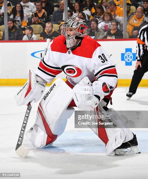 Cam Ward of the Carolina Hurricanes defends the net against the Pittsburgh Penguins at PPG Paints Arena on January 23, 2018 in Pittsburgh,...