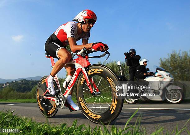 Fabian Cancellara of Switzerland in action on his way to winning the Elite Men's Time Trial at the 2009 UCI Road World Championships on September 24,...