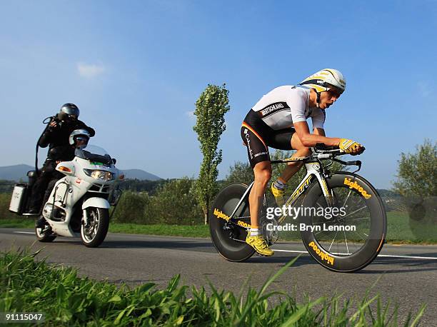 Tony Martin of Germany on his way to 3rd place in the Elite Men's Time Trial at the 2009 UCI Road World Championships on September 24, 2009 in...