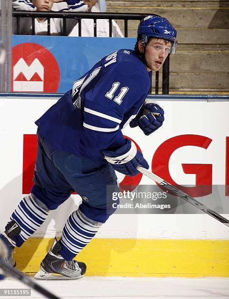 Jiri Tlusty of the Toronto Maple Leafs skates against the Pittsburgh Penguins during a pre-season NHL game at the Air Canada Centre on September 22,...