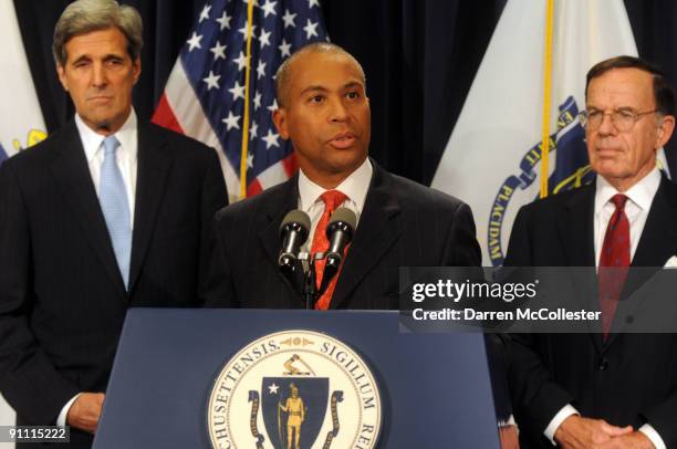 Massachusetts Democratic Governor Deval Patrick speaks as U.S. Senator John Kerry and Interim Senator Paul G. Kirk Jr. Look on at a press conference...