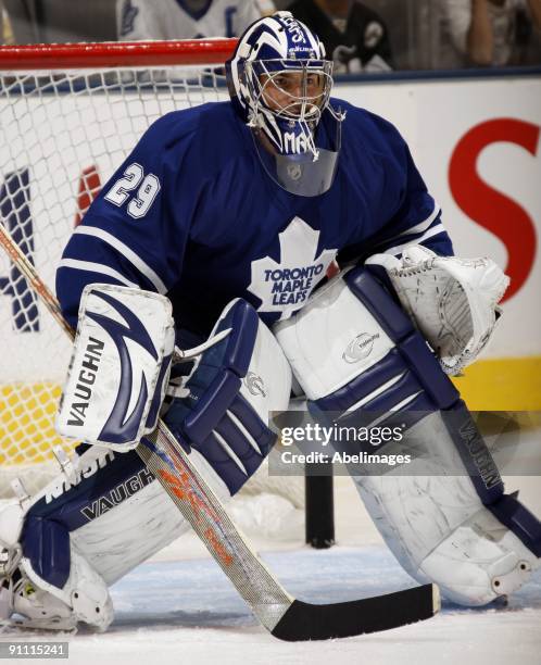 Joey MacDonald of the Toronto Maple Leafs warms up before playing the Pittsburgh Penguins during a pre-season NHL game at the Air Canada Centre on...